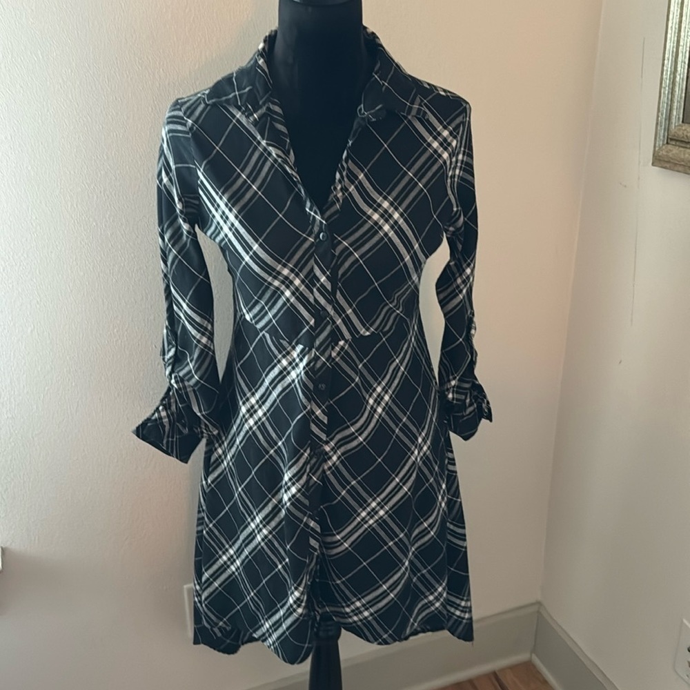 Love‎ Notes black white plaid buttoned down hi low shirt dress long sleeves Sz S
